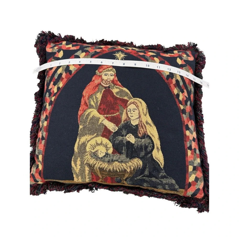 Vintage Christmas Nativity Tapestry Throw Pillow Fringe Trim Moiré Back 16x15